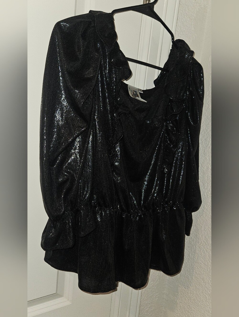 Queen Of Sparkles Black Pleat Shimmer Ruffle Peplum Top | Plus Size Xxl